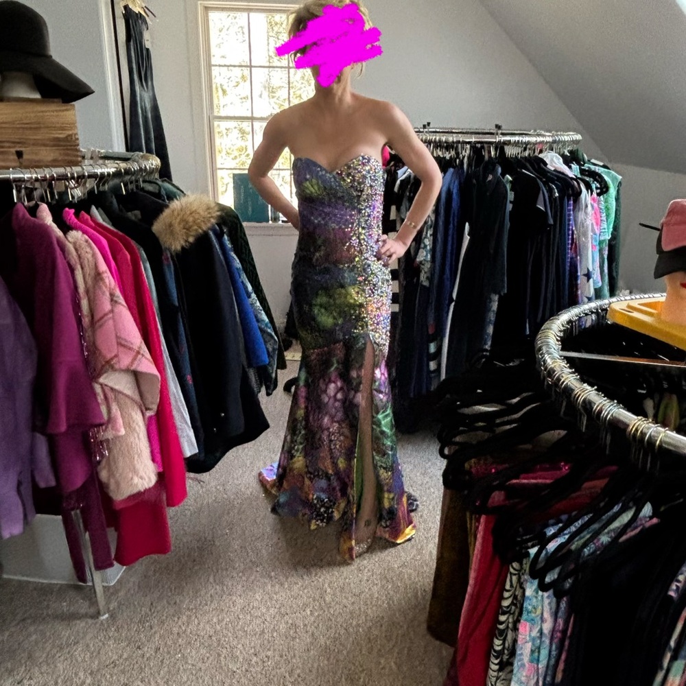 Jovani Strapless Sequined Mermaid Gown in Purple and Green